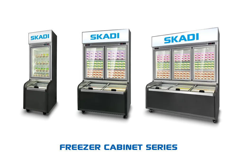 Compact Combination Freezer for Commercial Use | CFC-678A alongside other models from the Skadi Freezer Cabinet Series, showcasing varying sizes and capacities. Each model features glass doors and organized, illuminated interiors, providing flexible solutions for different commercial setups.